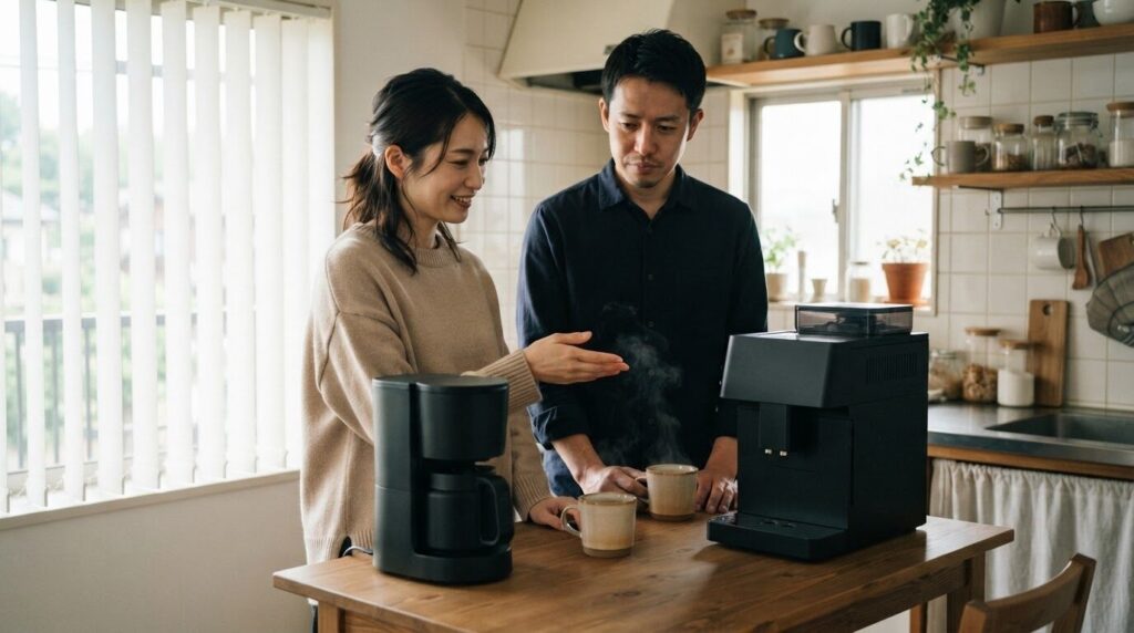 夫婦で2台の電動コーヒーメーカーをテーブルで比較している使用イメージ