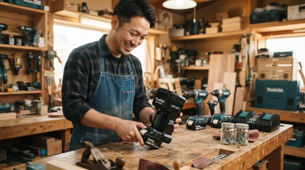 作業場のワークベンチで、日本人の職人男性がインパクトドライバー用のバッテリーをコーヒーメーカー本体に取り付けている様子。マキタ製品同士のバッテリー共有の利便性を表現。