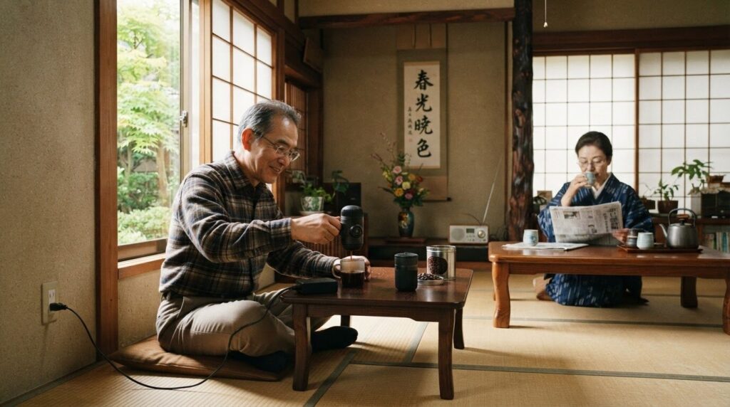 和室のコンセントに接続したコーヒーメーカーを使う日本人高齢の男性と、奥で新聞を読む奥様。旧型CM500DのAC電源対応の利点と家庭での使用シーンを表現。