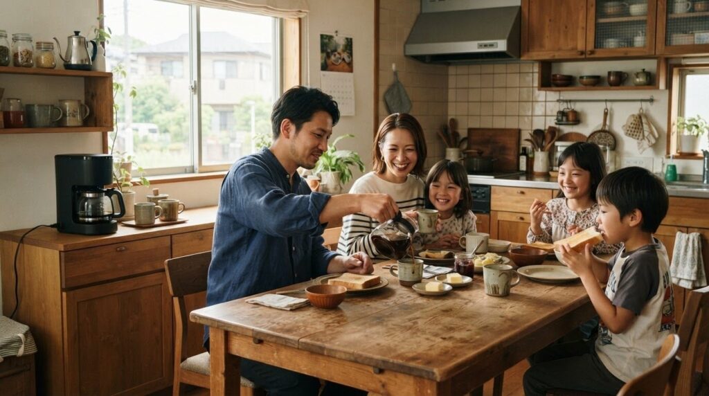 家族で朝食中に電動コーヒーメーカーで淹れたコーヒーを楽しむ風景