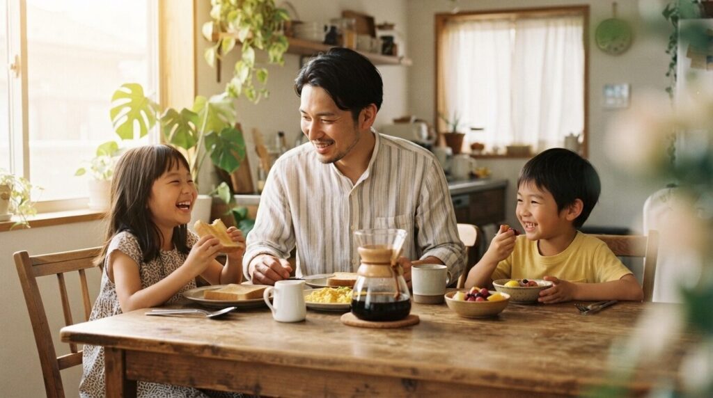 家族で朝食を楽しむコーヒータイムの様子