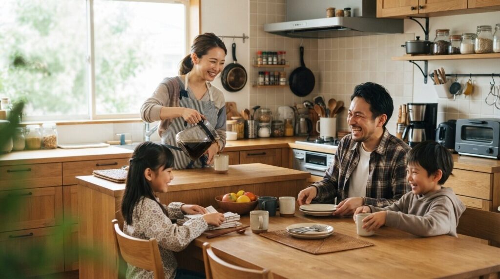 広い明るいキッチンでマットブラックの全自動コーヒーメーカーと他の家電が並ぶ中、大家族が必要量を大きなキャラフェから注ぎ、子どもたちの食卓を準備する温かい家族団らんシーン