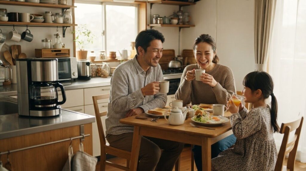 家族で朝食時にコーヒーを使う電動コーヒーメーカーの生活シーン