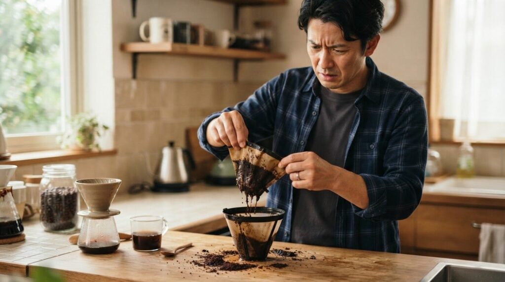 コーヒーフィルターが原因で粉がこぼれた状況を確認し、バスケットを丁寧に外そうとしている40代の日本人男性