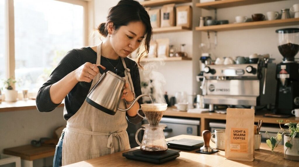 朝の光の中、丁寧にコーヒーをハンドドリップで抽出する日本人女性バリスタ