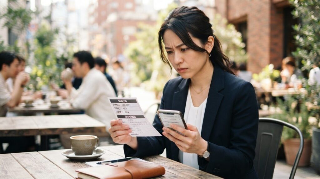 屋外テラスで、日本人女性がスマートフォンの画面を見ながらバッテリー電圧の互換性を真剣に比べている様子。購入前の対応バッテリー確認の大切さを表現。