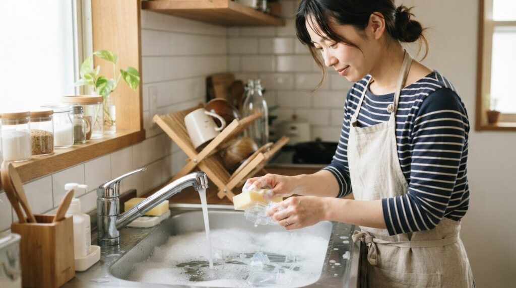 台所で柔らかスポンジと中性洗剤を使い、マシン部品を丁寧に手洗いする日本人主婦。清潔な泡と水があふれ、丁寧な初期準備の大切さを視覚化する画像です。