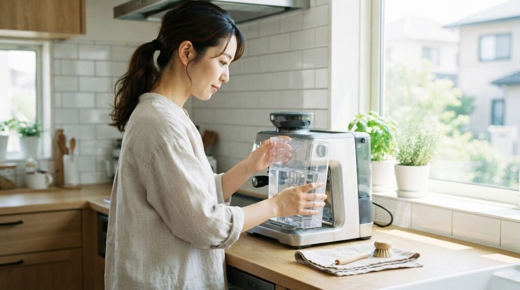 明るい昼間に給水タンクの装着部を確認し素早くセットする日本人主婦。夜行性害虫の侵入を防ぐための日中の給水作業を強調