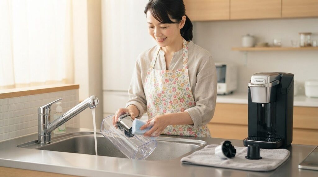 フラワープリントのエプロンをつけた日本人主婦が、毎日の手入れとしてキューリグの取り外し部品を丁寧に手洗いする様子。背後に本体が見え、日常清掃の習慣化の重要性を伝える画像です。