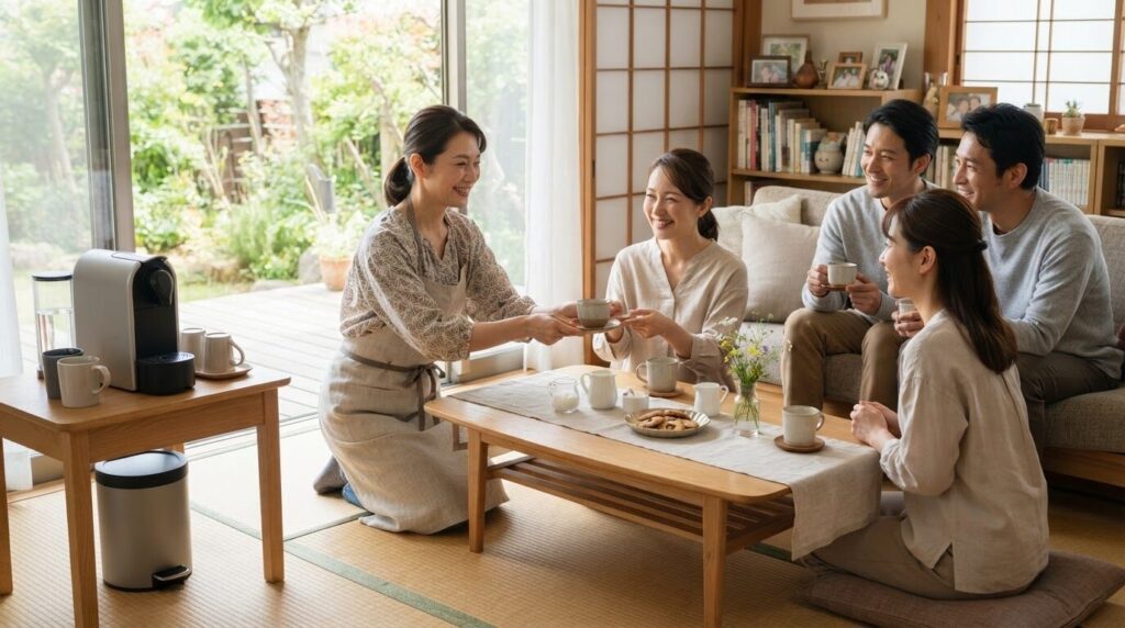 来客に電動コーヒーメーカーでコーヒーを出す日本人のホスト