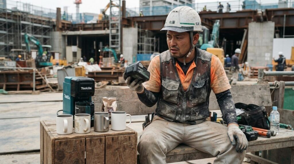 屋外のベンチで、日本人男性がバッテリー残量を気にしながら空のマグカップが並んでいる様子を見つめている。複数人分を淹れられない不便さや電池消費の現実を表現。