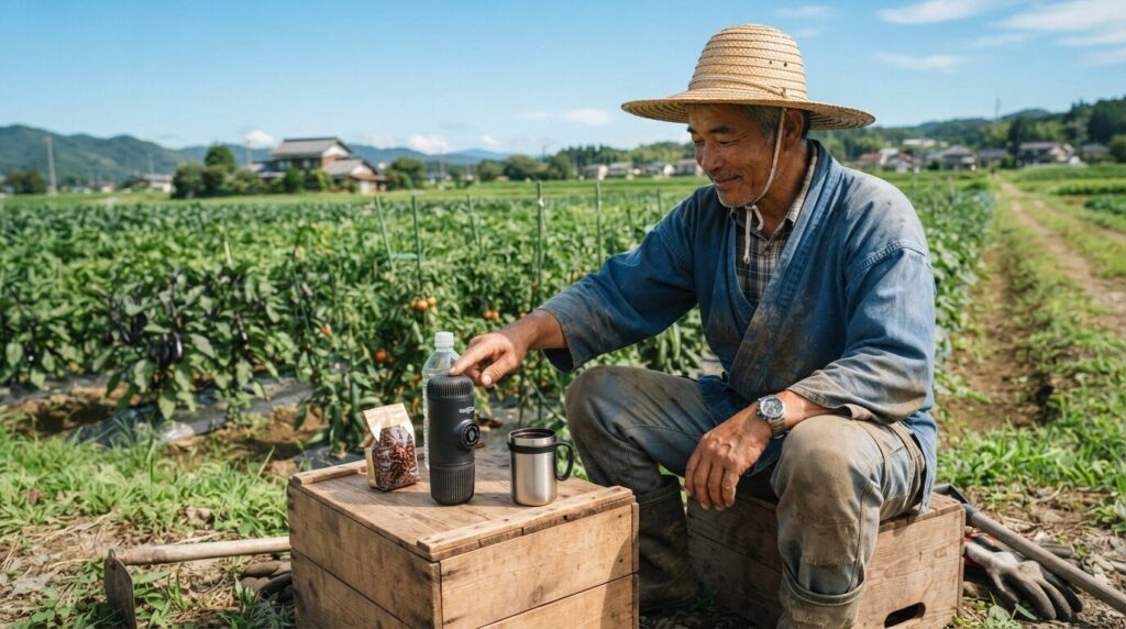 青空の下、畑の休憩スペースで麦わら帽子をかぶった日本人農家男性が、バッテリー式コーヒーメーカーのスタートボタンを押して淹れたての一杯を楽しもうとしている様子。
