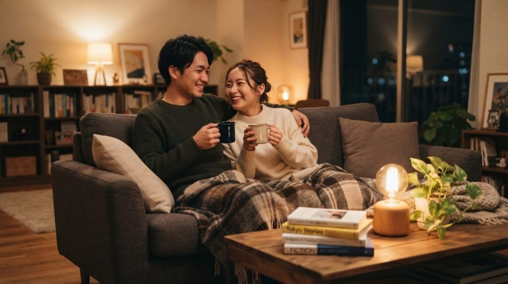 居心地の良いリビングルームのソファで温かいコーヒーを手に笑顔を浮かべる日本人夫婦、ランプの柔らかな光と本で満たされた親密な夜のひとときを表現
