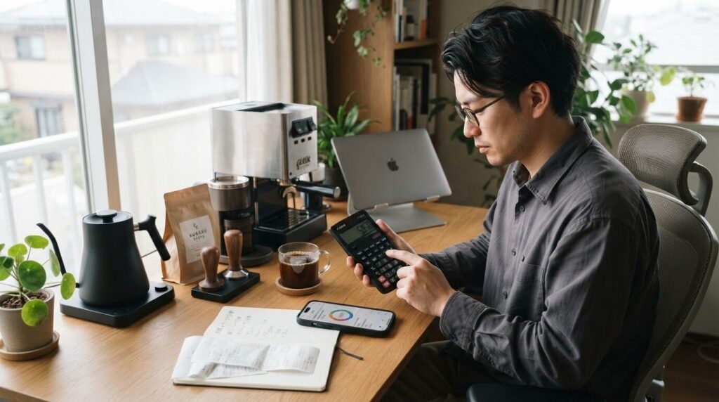 スマートフォンのアプリでコーヒーの月額コストを計算する日本人男性