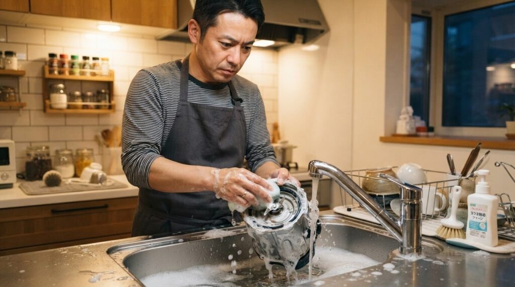 使用後の部品をシンクで丁寧に洗浄する日本人男性。
