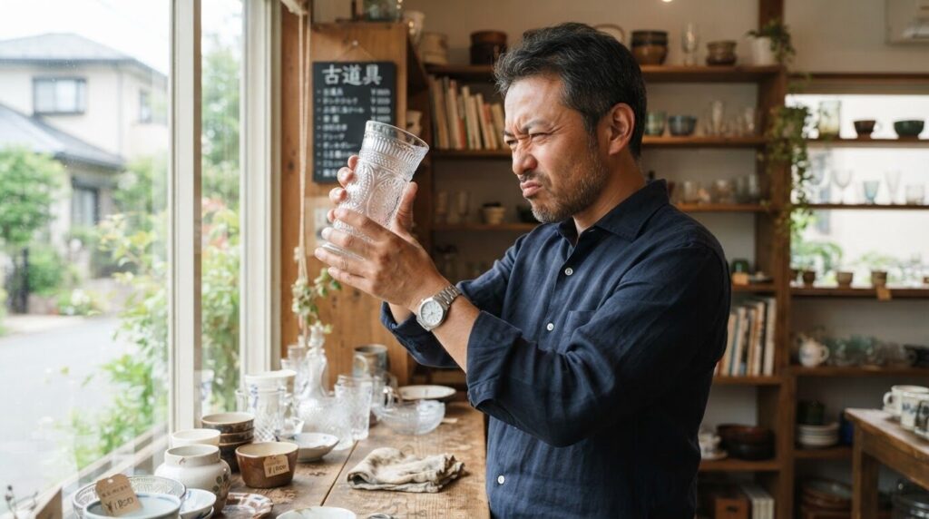 中古のガラス部品を光に透かして傷やヒビを確認する日本人男性。中古品購入時の慎重な検品シーン