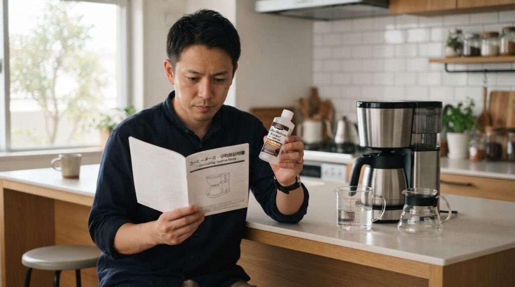 説明書を見ながら湯垢洗浄剤を用意する準備シーン