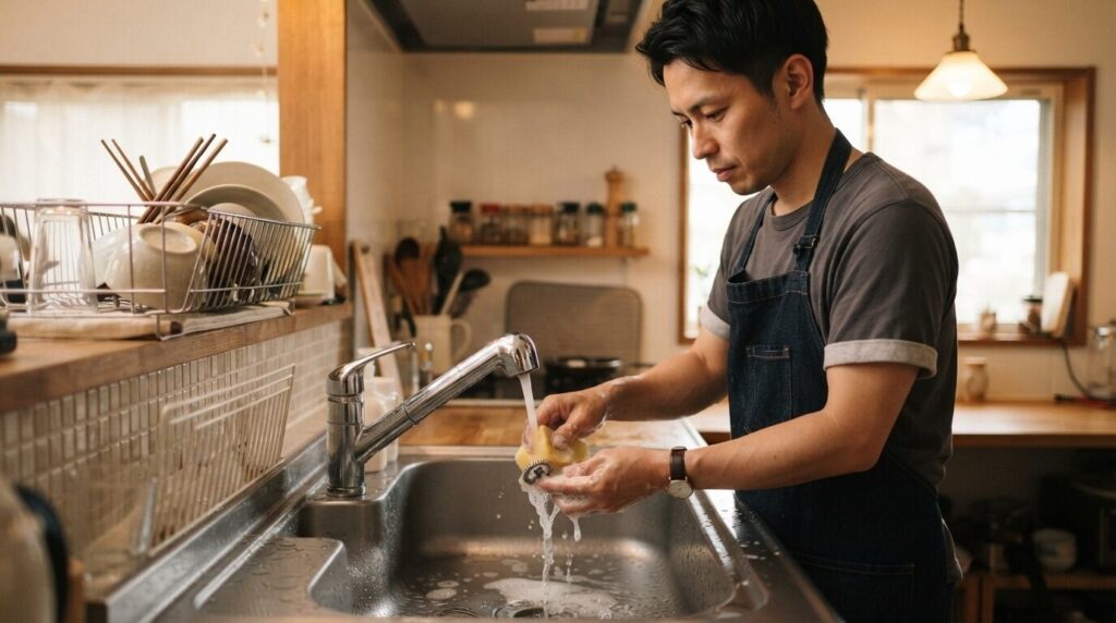 台所のシンクで中性洗剤を使って撹拌部品を丁寧洗浄している日本人男性。横には食器棚が見える
