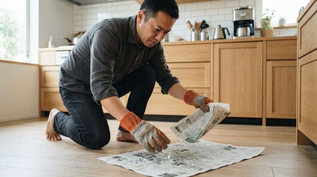 厚手の手袋を着用した日本人男性がキッチンの床から新聞紙で割れたガラスの破片を慎重に取り除く様子。
