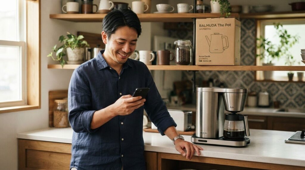 キッチンのコーヒーメーカー横でスマートフォンを見て安堵と信頼の表情を見せる日本人男性。充実のアフターサポートによる安心感を感じさせる温かな人物写真。