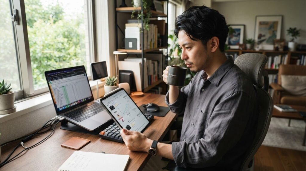 タブレットで価格情報を確認しながらコーヒーを味わう日本人