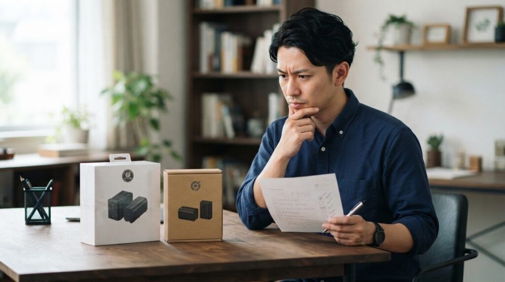 テーブル上に並べた純正品と互換品の2つの商品パッケージを、チェックリストを手にしながら慎重に選んでいる日本人男性