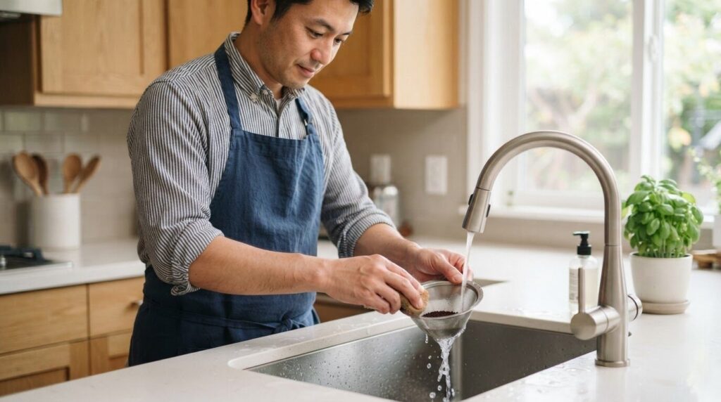 明るいキッチンで蛇口の水の下でステンレスメッシュフィルターを優しく丁寧に手洗いする日本人男性、清潔感のあるお手入れシーン