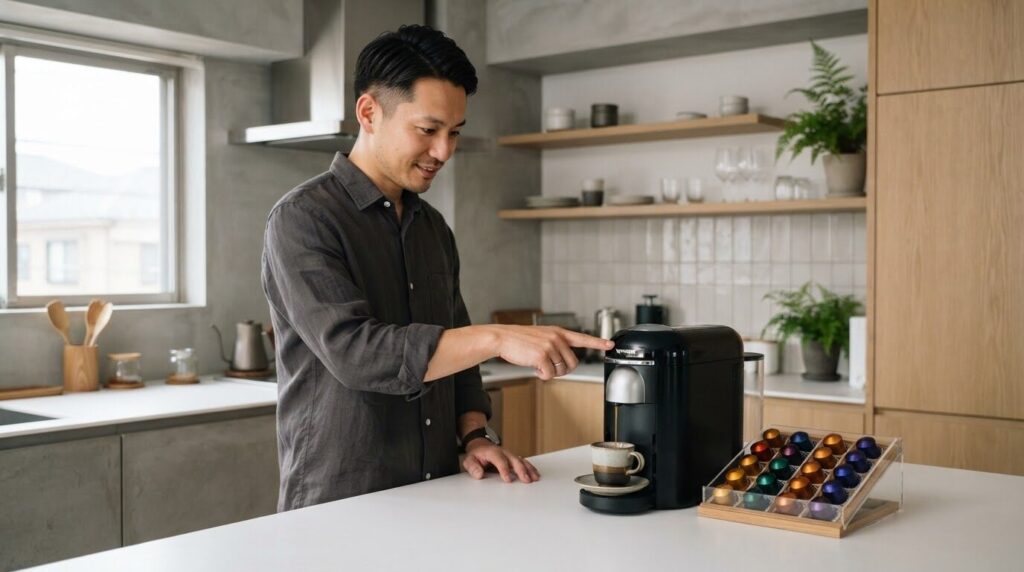 カプセル式コーヒーメーカーを操作する日本人男性