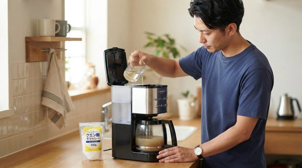 クエン酸溶液をコーヒーメーカーの給水タンクに注いでいる日本人男性の実演写真。内部配管洗浄の作業手順を示す