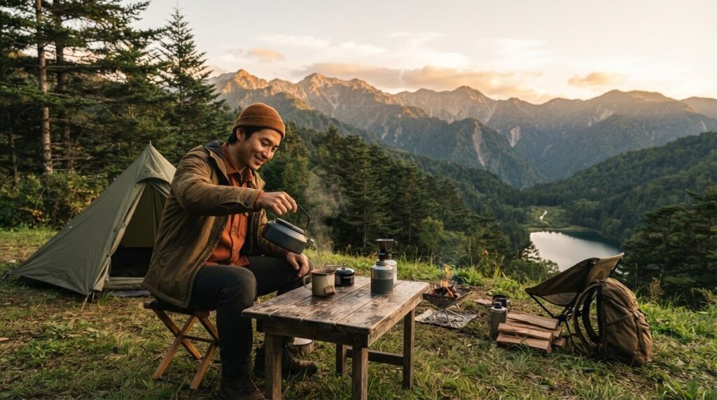 山々と松林を背景にした美しいキャンプサイトでケトルからお湯を注ぐ日本人男性、黄金色の夕陽に包まれた心休まるアウトドアシーン