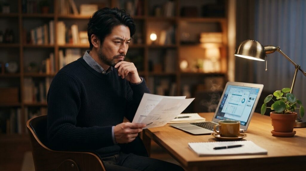 見積書と修理情報を laptop で比較しながら、修理か買い替えかを真剣な表情で検討する日本人男性。信頼できる判断材料を基にした決断シーン