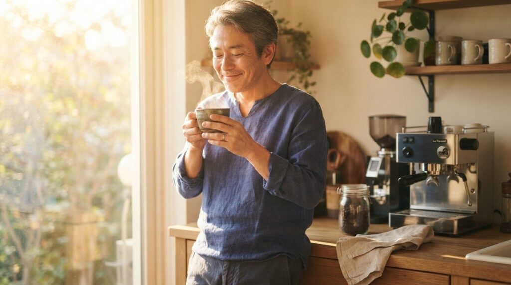 無事復旧したコーヒーメーカーで淹れた湯気立つコーヒーを両手で受け取り、安堵の笑顔で目を閉じる日本人男性。安心した朝の一杯のシーン