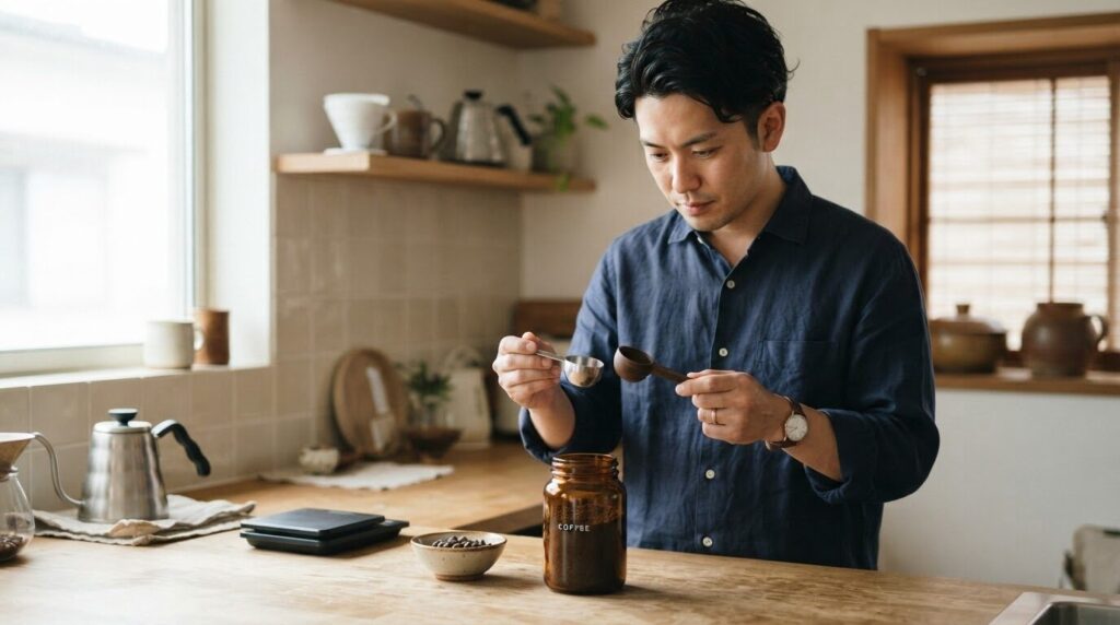 「メーカーごとに異なる付属スプーンの違いを比較する日本人男性の計量スプーン確認シーン」