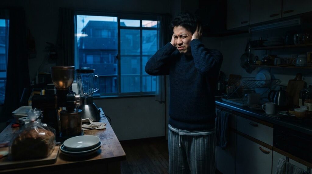 明け方の薄暗いキッチンで家電音を気にし耳を塞ぐ日本人男性