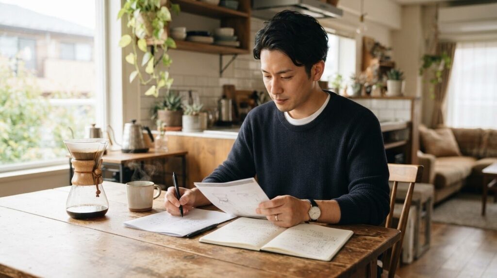 テーブルでメーカーの資料を確認し、コーヒーフィルターの適合情報をノートに書き留めている日本人男性