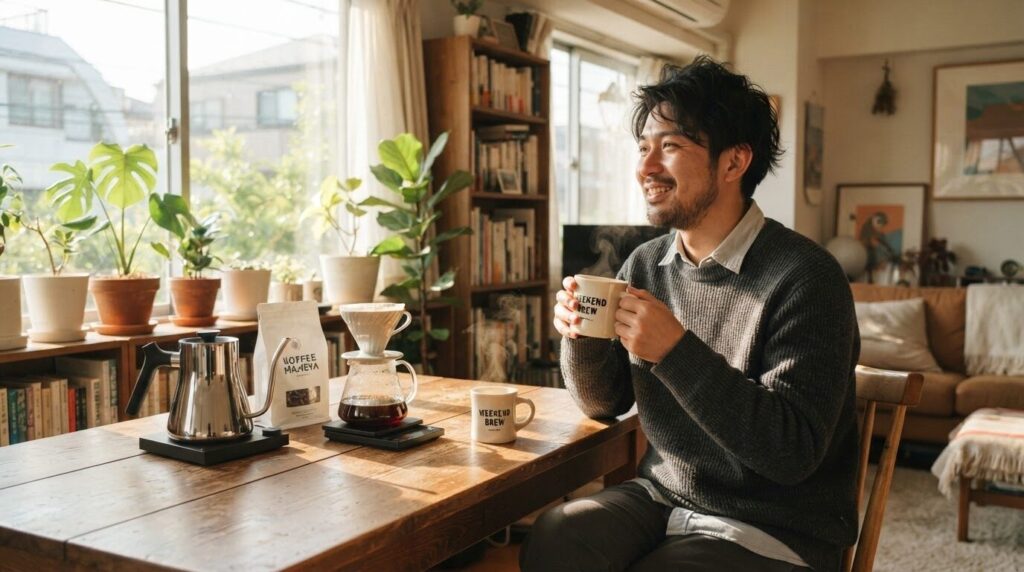 新しいコーヒーメーカーで淹れたコーヒーを自宅でのんびり楽しむ30代の日本人男性。朝の陽光が差し込む居心地の良い家庭的な朝の風景。