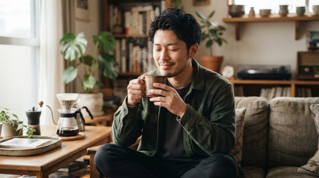 淹れたてのホットコーヒーを両手で包み込むように香りを楽しむ日本人男性