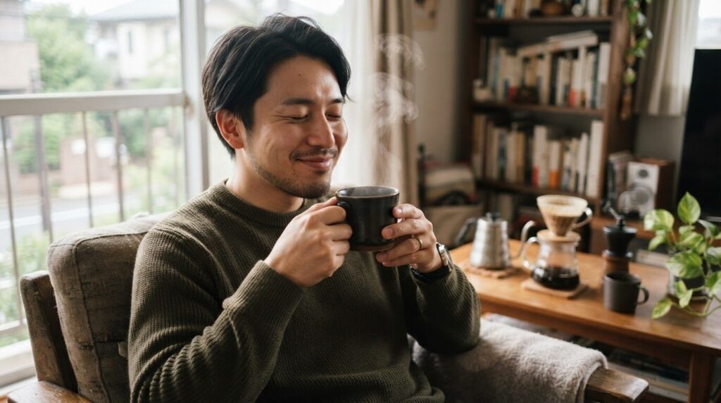 白いコーヒーカップを両手で持ち、目を閉じて挽きたての香りを楽しむ日本人ミドルエイジ男性のライフスタイル写真。