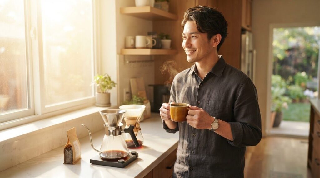 清掃済みのコーヒーメーカーのそばで、淹れたてのブラックコーヒーを手に満足げに微笑む日本人男性の朝のひとコマ