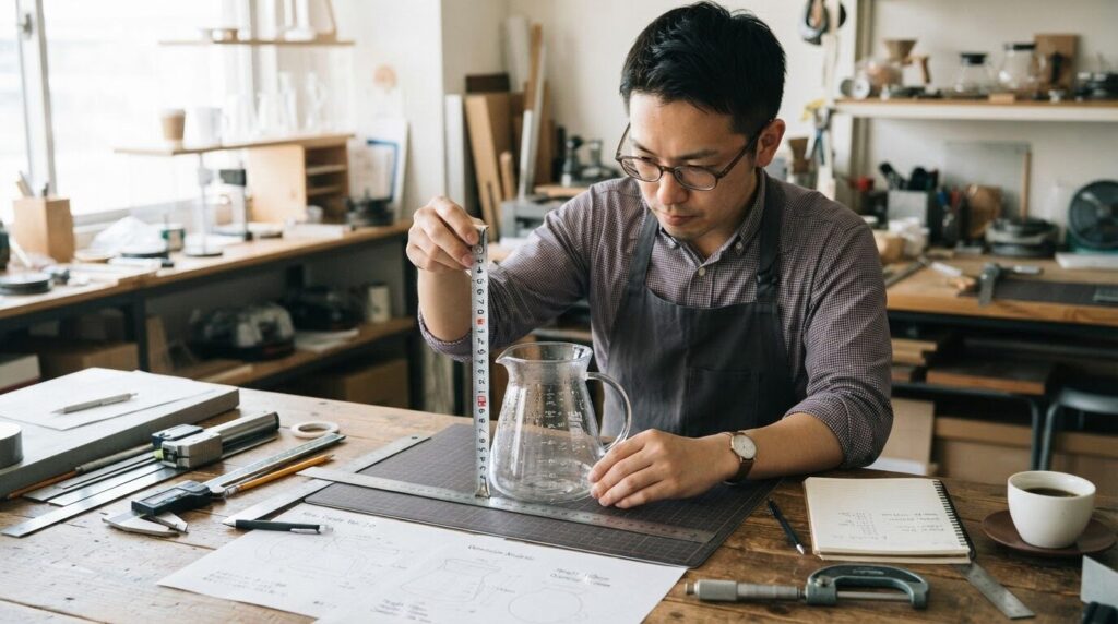 30代の日本人男性がガラス製コーヒーメーカー容器をメジャーを使って寸法を測定している様子。