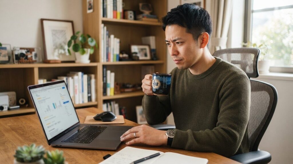 ノートパソコンでレビューを見ながら購入を検討する日本人男性
