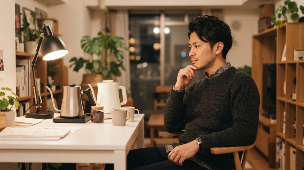 デスクに置かれた2つのコーヒーメーカーを真剣に比較検討する日本人男性