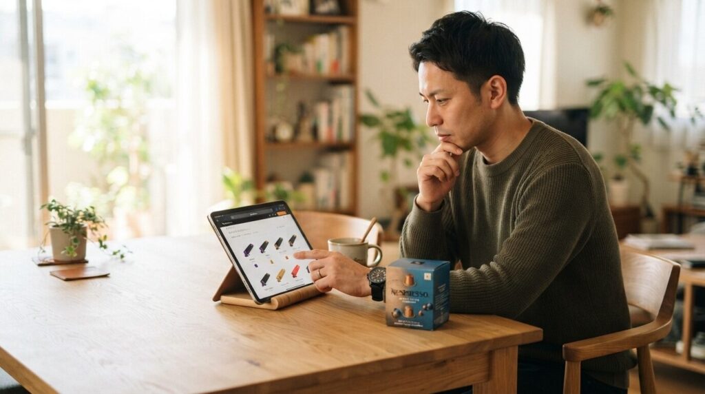 自宅のテーブルでタブレットとノートを使い慎重にコスト計算をする日本人男性。横にはコンパクトな箱型のカプセルボックスが置かれ、コスト比較をしている真剣な検討シーン。