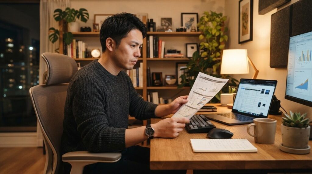 「デスクでノートパソコンと資料を見比べる日本人男性」
