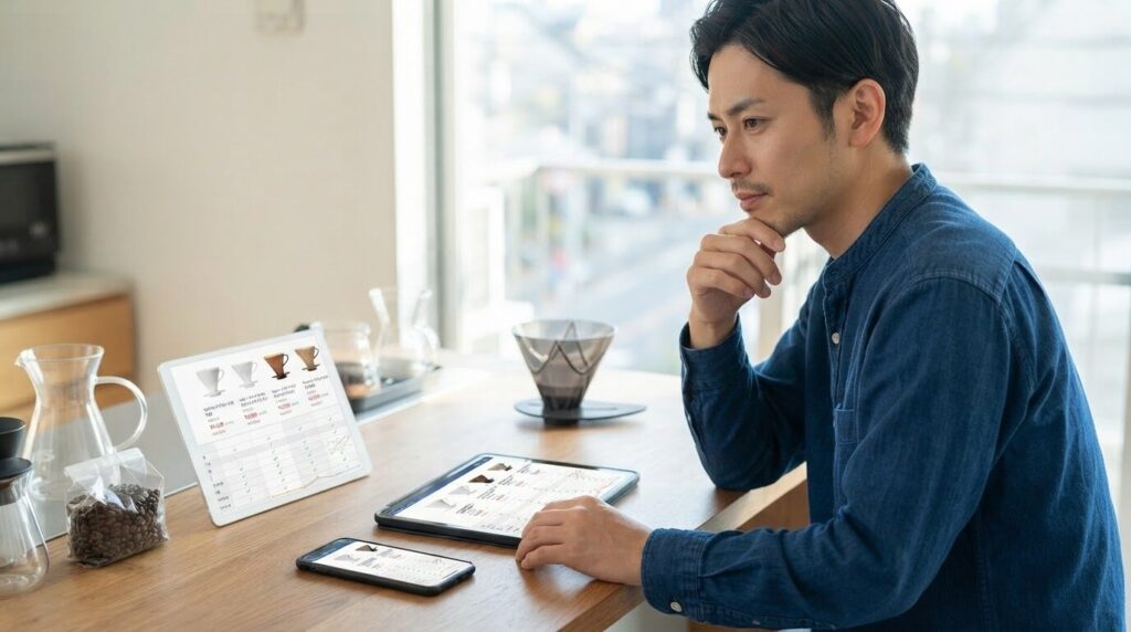 スマホとタブレットでMUGENドリッパーやコーヒーメーカーを価格比較する様子