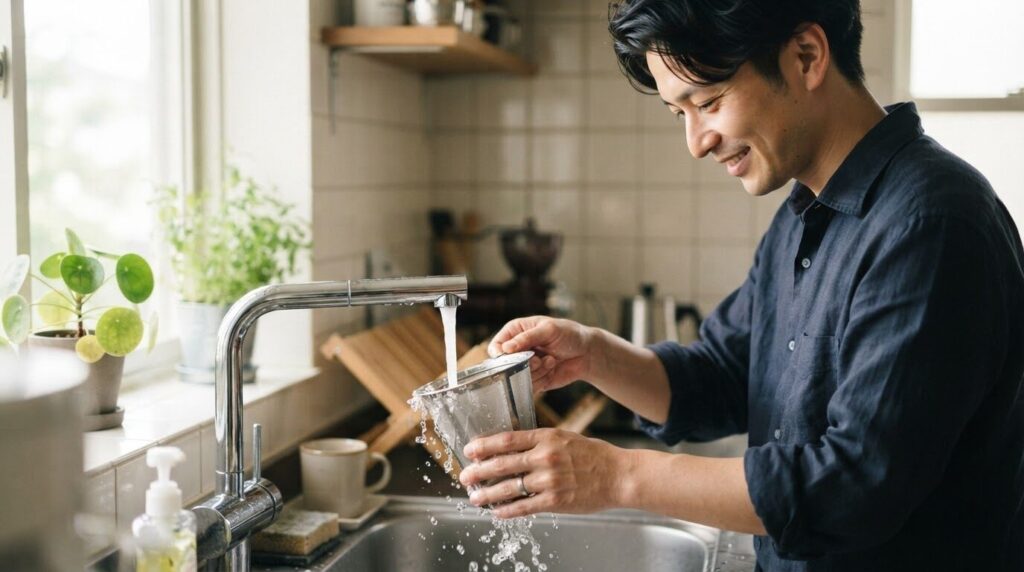 台所で、メッシュフィルターを傷めないように水流で丁寧にすすぎ洗いしている日本人男性。朝の日差しが水滴を照らしている。