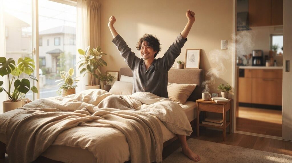 朝日が差し込む寝室で、キッチンから漂うコーヒーの香りに微笑みながらゆっくりと起床する日本人男性。タイマー機能で淹れたコーヒーのある目覚めの風景。