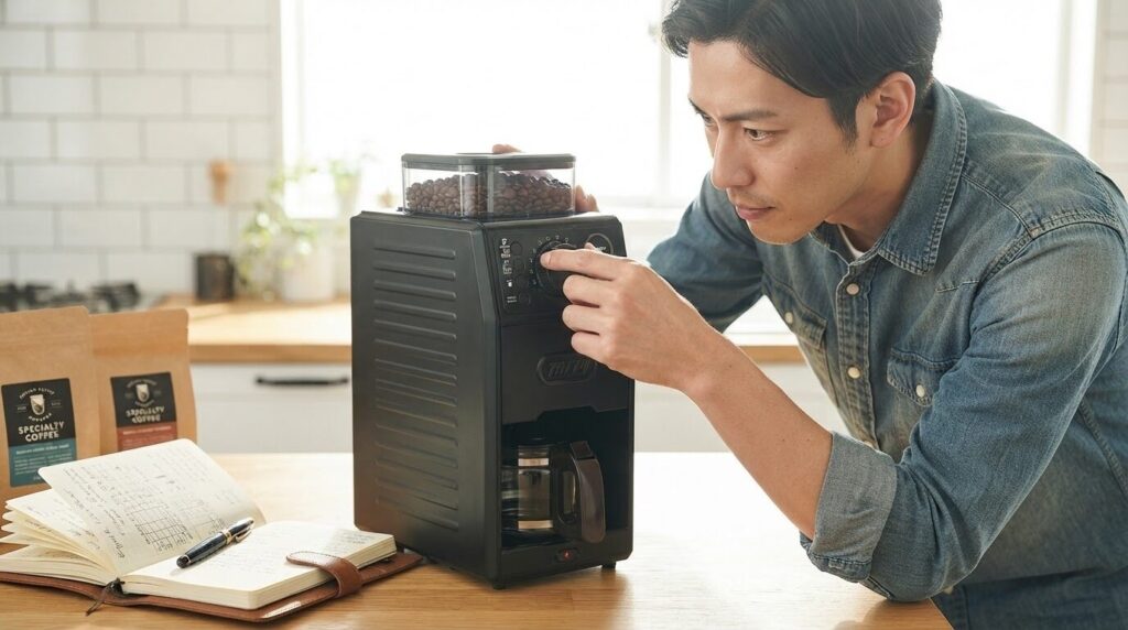 挽き目調節ダイヤルを慎重に設定する日本人男性と豆の入ったK-CM9本体