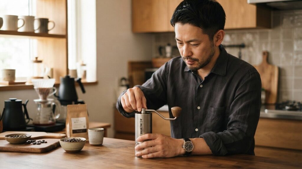 「挽き目を一段階だけ調整するため、手動のコーヒーグラインダーの設定ダイアルを丁寧に変える日本人男性」