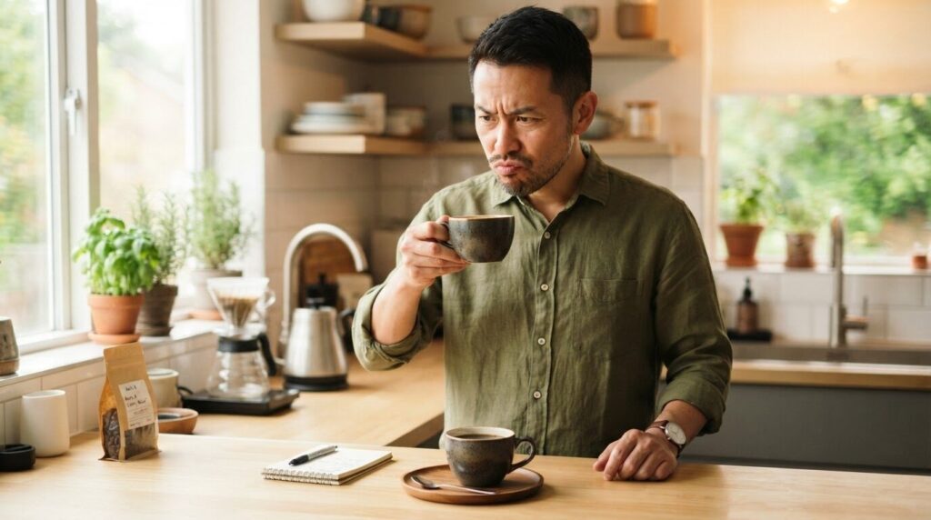 キッチンカウンターの上で2杯のコーヒーを手に取って真剣に色や香りの違いを吟味している日本人男性